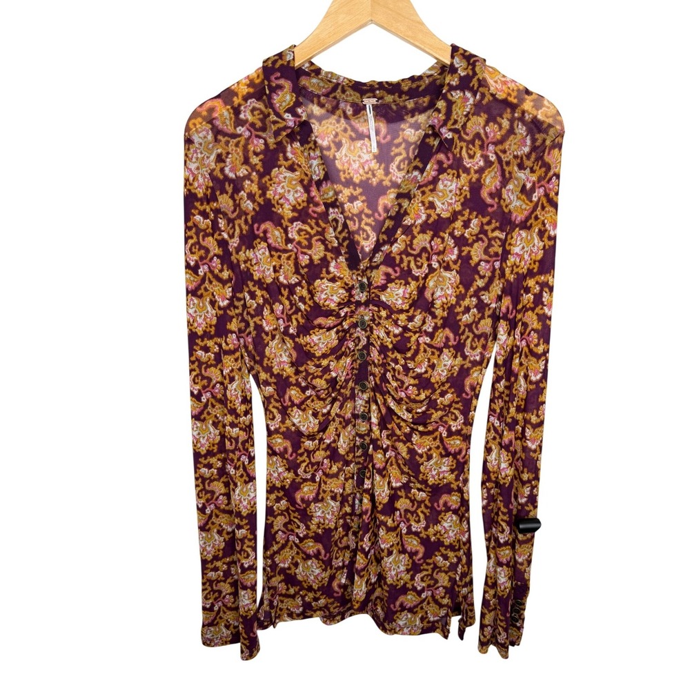 FREE PEOPLE Lucky Shirtee In Cosmo Paisley Ruched V Neck  SHIRT Mesh Boho y2k L - Picture 3 of 10